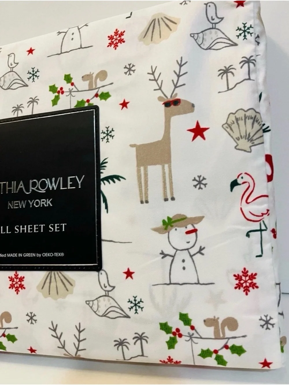 Cynthia Rowley Christmas Beach Full Size Sheet Set Palm Tree Seashell Flamingo